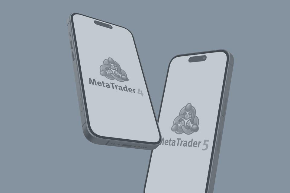 two smartphones displaying the MetaTrader 4 and MetaTrader 5 logos